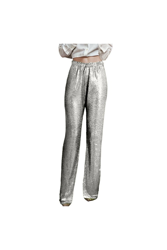 Women's Sequin High Waist Flare Leg Pants Bell Bottom Glitter Club Trousers Night Out(Silver,S)