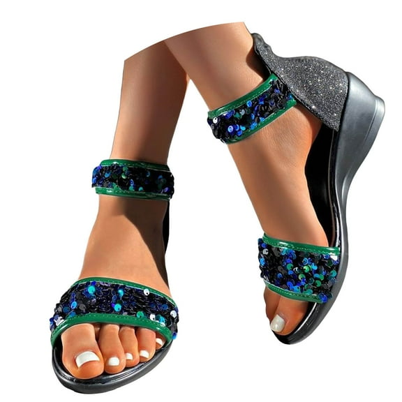Mepaouo Women's Sequin Wedge Sandals Open Toe Zip Closure Platform Summer Party Dress Shoes Size 6-10