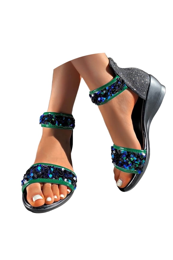 Women's Sequin Wedge Sandals Open Toe Zip Closure Platform Summer Party Dress Shoes Size 6-10