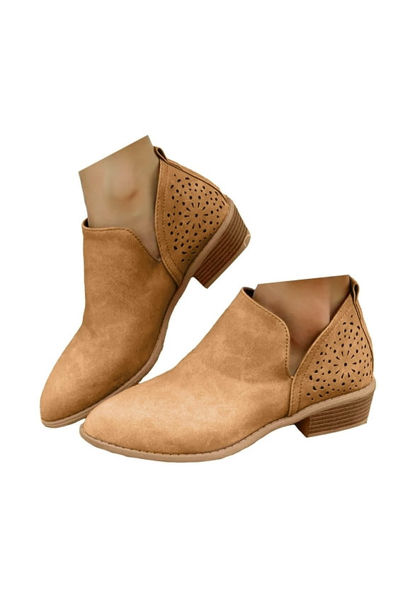 Women's Short Ankle Boots Western Chunky Stacked Heel Perforated Dress Booties Cutout Shoes
