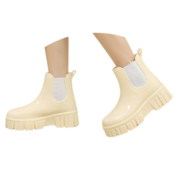 Mepaouo Women's Short Rain Boots Rubber Waterproof Elastic Slip on Chelsea Ankle Garden Shoes(Beige,6)