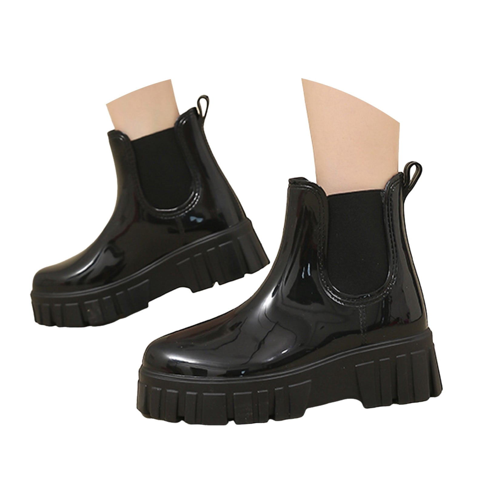 Mepaouo Women's Short Rain Boots Rubber Waterproof Elastic Slip on Chelsea Ankle Garden Shoes(Black,7.5)