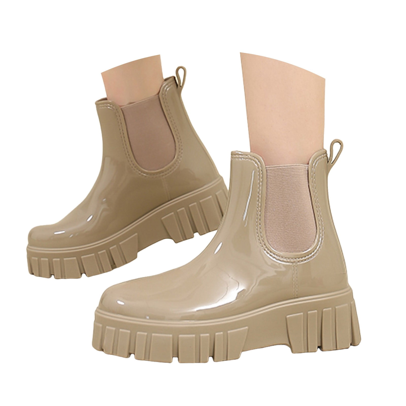 Mepaouo Women's Short Rain Boots Rubber Waterproof Elastic Slip on Chelsea Ankle Garden Shoes(Brown,8)