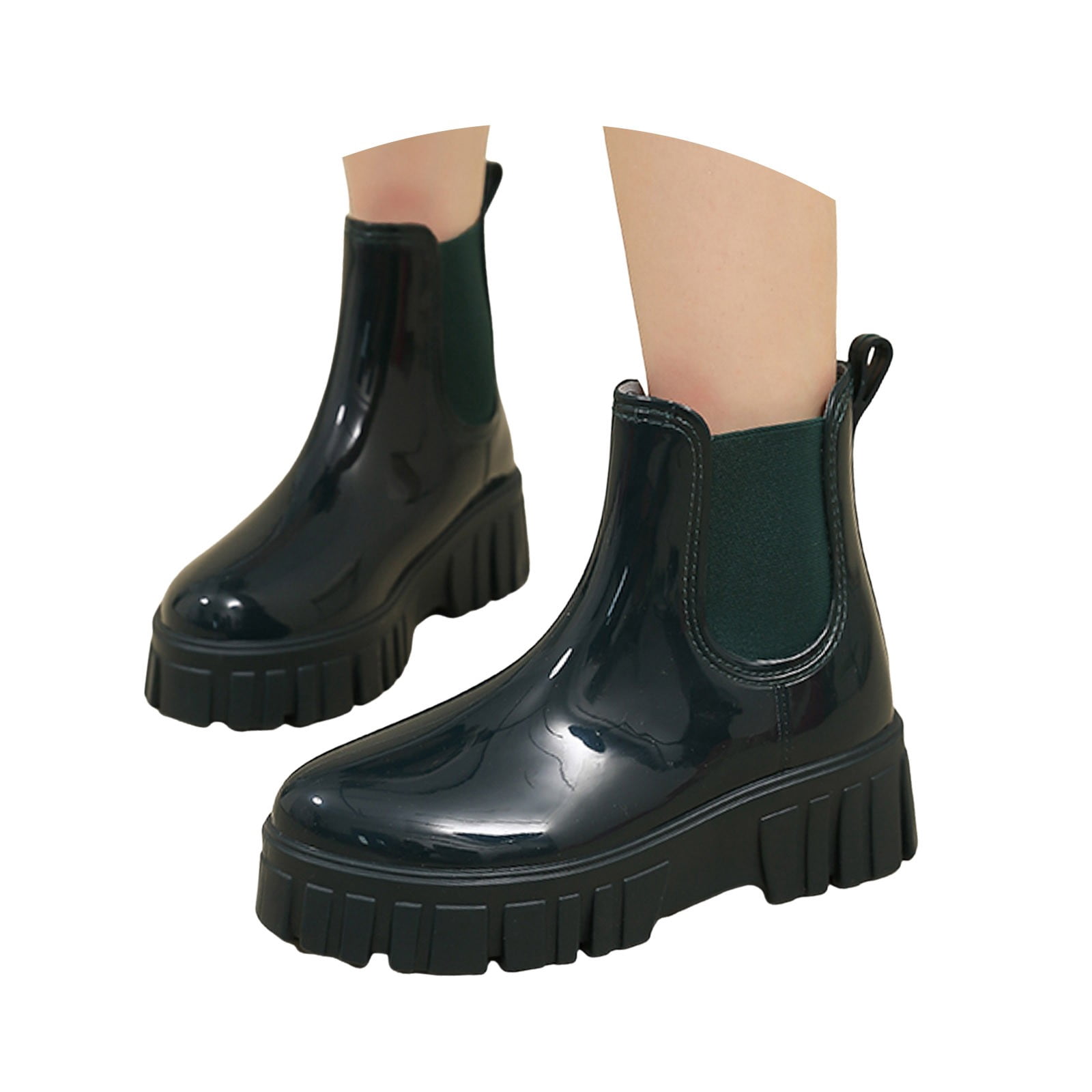 Mepaouo Women's Short Rain Boots Rubber Waterproof Elastic Slip on Chelsea Ankle Garden Shoes(Green,6)