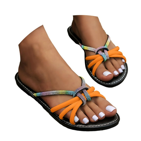 Mepaouo Women's Slide Slippers Rhinestone 2025 Summer Beach Flip Flops Non Slip Footbed Flat Sandals