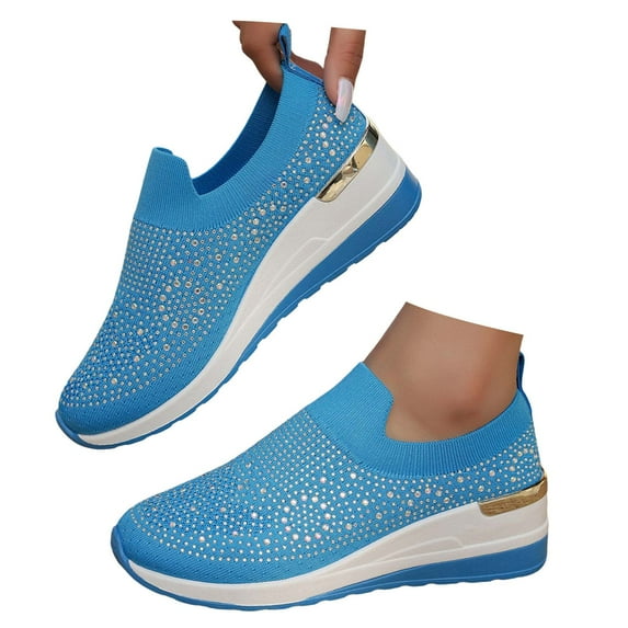 Mepaouo Women's Slip on Walking Shoes Rhinestone Glitter Low Wedges Heel Casual Work Loafer Shoes