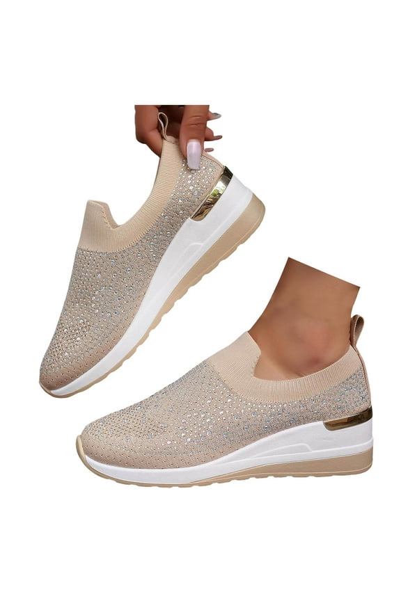 Women's Slip on Walking Shoes Rhinestone Glitter Low Wedges Heel Casual Work Loafer Shoes