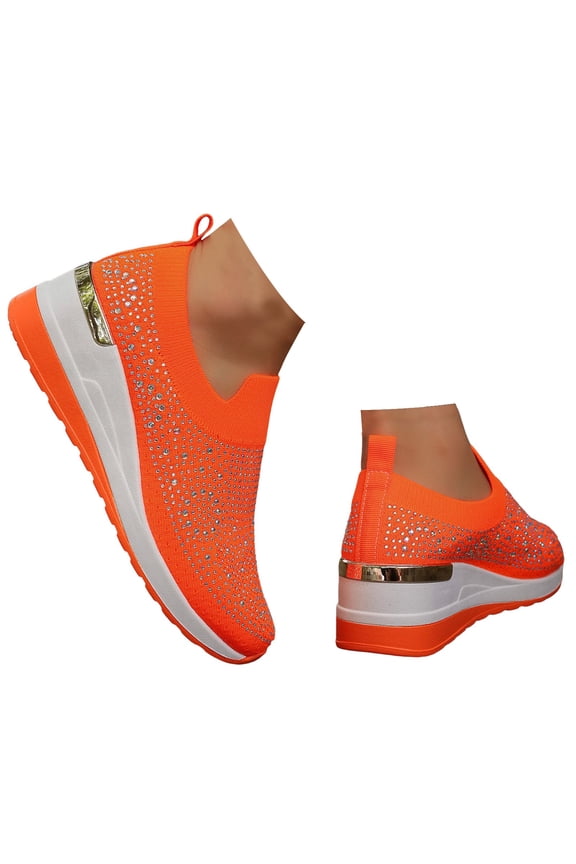 Women's Slip on Walking Shoes Rhinestone Glitter Low Wedges Heel Casual Work Loafer Shoes