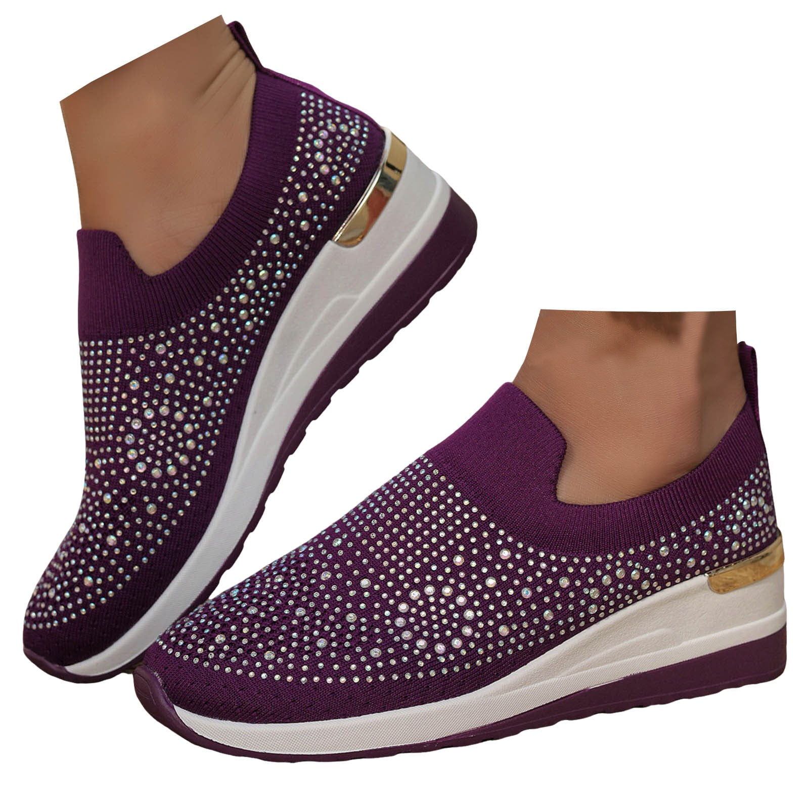 Mepaouo Women's Slip on Walking Shoes Rhinestone Glitter Low Wedges Heel Casual Work Loafer Shoes