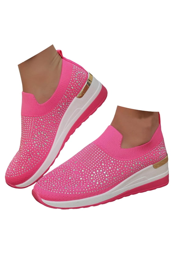 Women's Slip on Walking Shoes Rhinestone Glitter Low Wedges Heel Casual Work Loafer Shoes