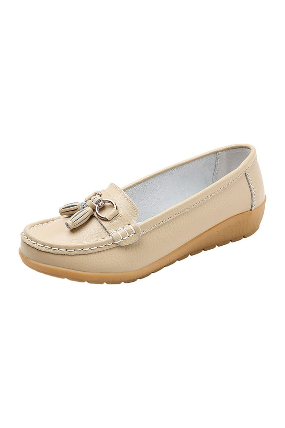 Women's Slip ons Low Wedges Leather Casual Loafer Shoes Nurse Work Walking Shoes(Beige,7)
