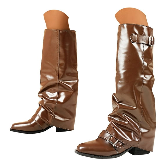 Mepaouo Women's Slouchy Knee High Boots Fold Over Square Toe Western Riding Boot Winter Pull on Tall Boots