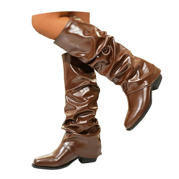 Mepaouo Women's Slouchy Knee High Boots Fold over Riding Combat Boot Square Toe Dressy Winter Shoes
