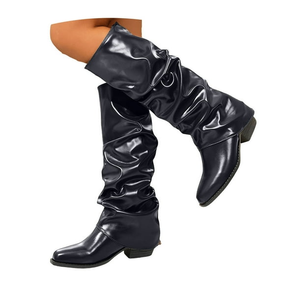 Mepaouo Women's Slouchy Knee High Boots Fold over Riding Combat Boot Square Toe Dressy Winter Shoes