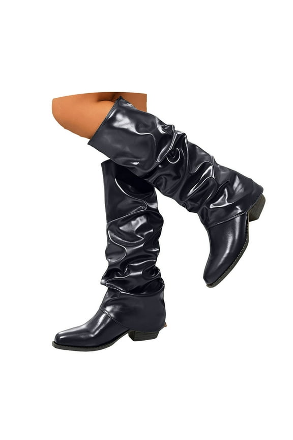 Women's Slouchy Knee High Boots Fold over Riding Combat Boot Square Toe Dressy Winter Shoes