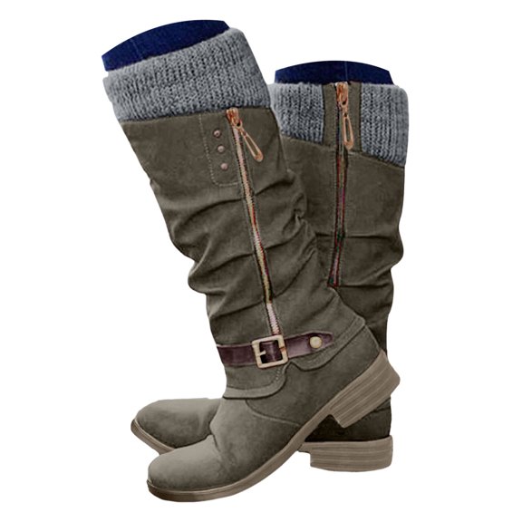 Mepaouo Women's Slouchy Knee High Boots Low Heel Comfort Round Toe Wide Width Riding Combat Boot