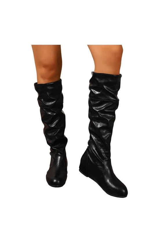 Women's Slouchy Knee High Boots Low Hidden Wedge Pull on Tall Long Boot for Winter Office Work