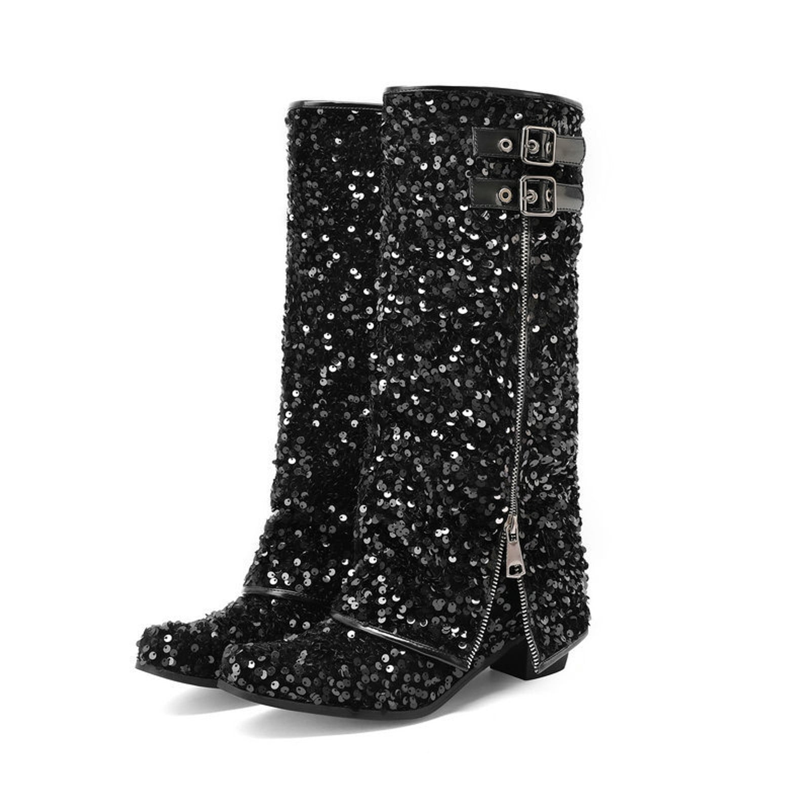 Mepaouo Women's Slouchy Knee High Boots Rhinestone Sparkle