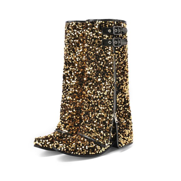 Mepaouo Women's Slouchy Knee High Boots Rhinestone Sparkle Fold over Buckles Biker Riding Shark Boots(Gold,7)