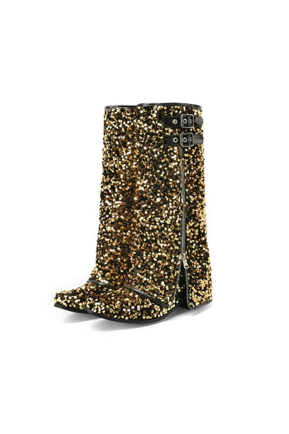 Women's Slouchy Knee High Boots Rhinestone Sparkle Fold over Buckles Biker Riding Shark Boots(Gold,7)