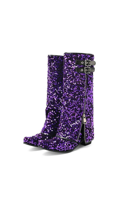 Women's Slouchy Knee High Boots Rhinestone Sparkle Fold over Buckles Biker Riding Shark Boots(Purple,8.5)