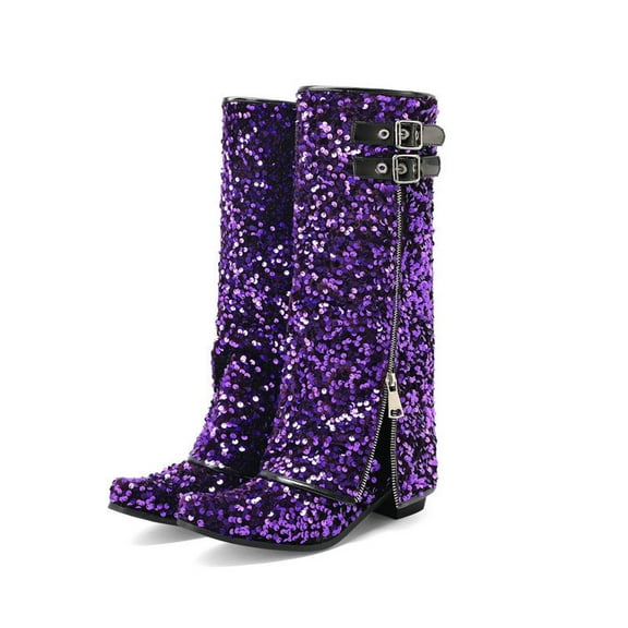 Mepaouo Women's Slouchy Knee High Boots Rhinestone Sparkle Fold over Buckles Biker Riding Shark Boots(Purple,8)