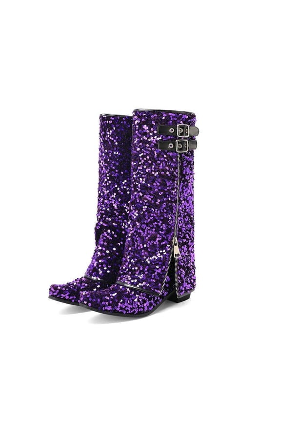 Women's Slouchy Knee High Boots Rhinestone Sparkle Fold over Buckles Biker Riding Shark Boots(Purple,8)