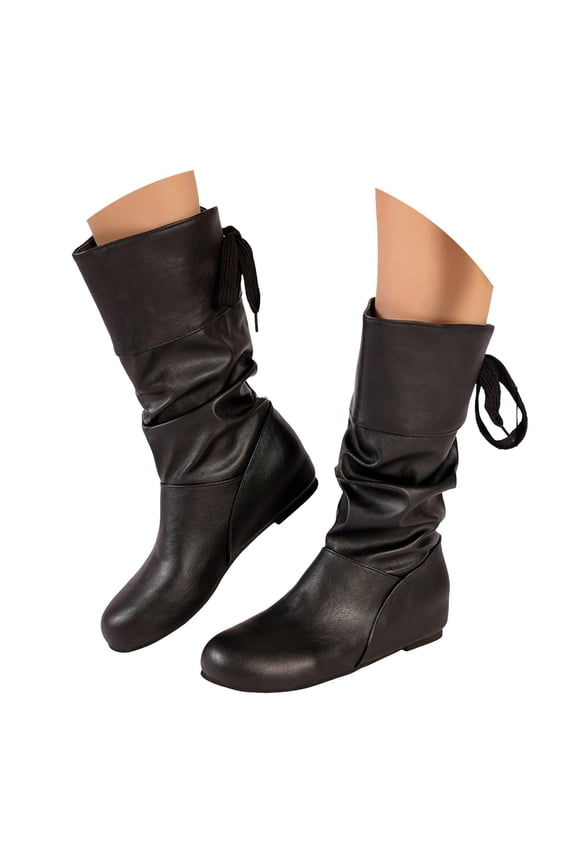 Women's Slouchy Mid Calf Boots Closed Round Toe Riding Flat Cowgirl Walking Boot(Black,8.5)
