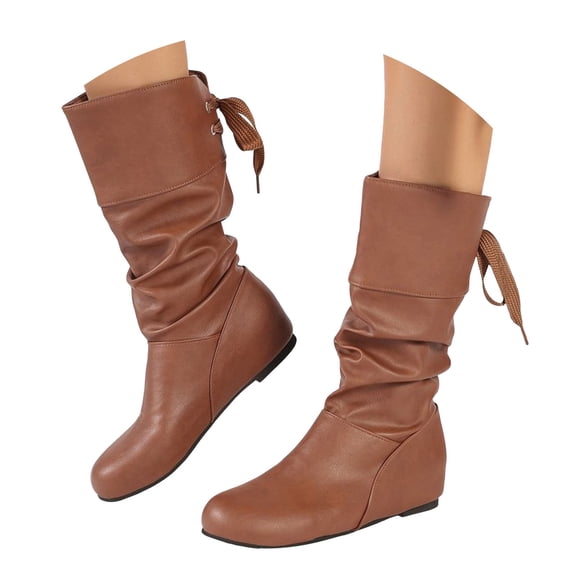 Mepaouo Women's Slouchy Mid Calf Boots Closed Round Toe Riding Flat Cowgirl Walking Boot(Brown,7.5)