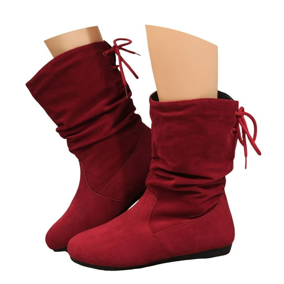 Mepaouo Women's Slouchy Riding Boots Round Toe Mid Calf Flats Suede Stacked Walking Booties(Red,6.5)