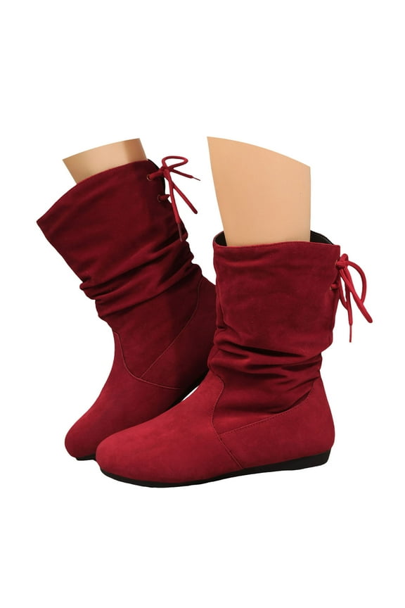Women's Slouchy Riding Boots Round Toe Mid Calf Flats Suede Stacked Walking Booties(Red,7.5)