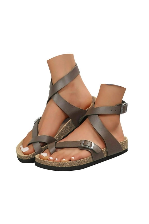 Women's Strappy Flat Sandals Open Toe Two Buckles Clogs Flip Flops Summer Walking Shoes Size 7.5