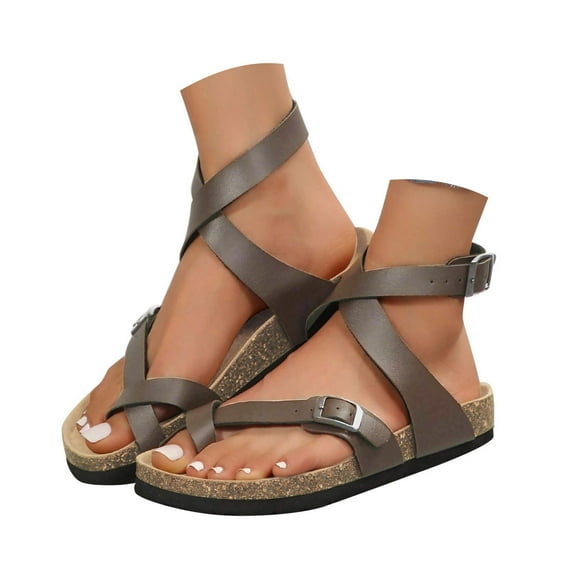 Mepaouo Women's Strappy Flat Sandals Open Toe Two Buckles Clogs Flip Flops Summer Walking Shoes Size 9