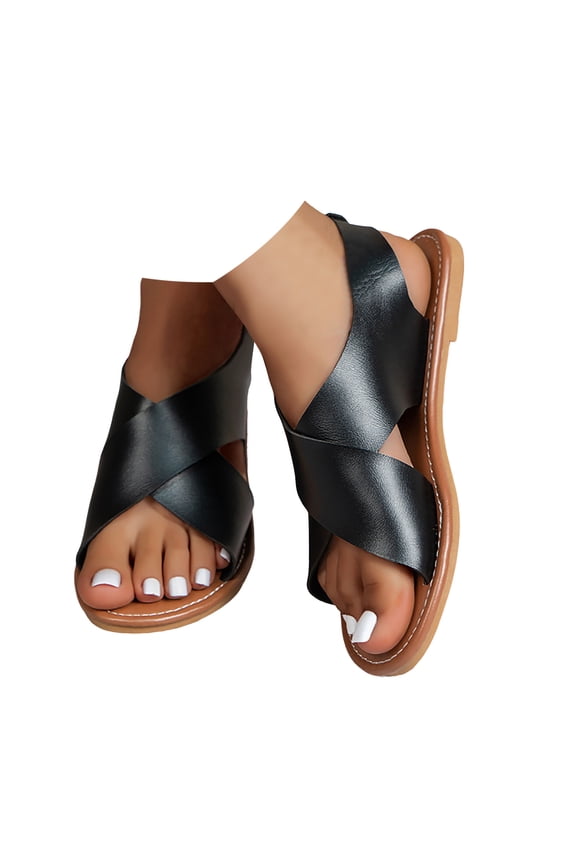 Women's Strappy Sandal Leather Flat Back Buckle Footbed Shoes Open Toe Summer Beach Slides