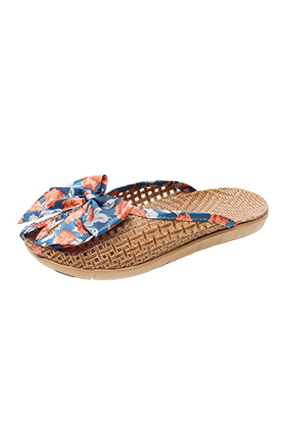 Women's Straw Mules Closed Toe Braided Summer Beach Flat Sandals Bow Slip on Walking Slides