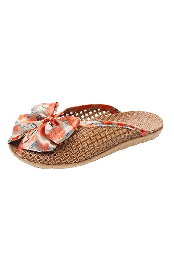 Women's Straw Mules Closed Toe Braided Summer Beach Flat Sandals Bow Slip on Walking Slides