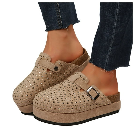 Mepaouo Women's Suede Clogs Rhinestone Cork Footbed Sandals Closed Toe Arch Support Platform Mules