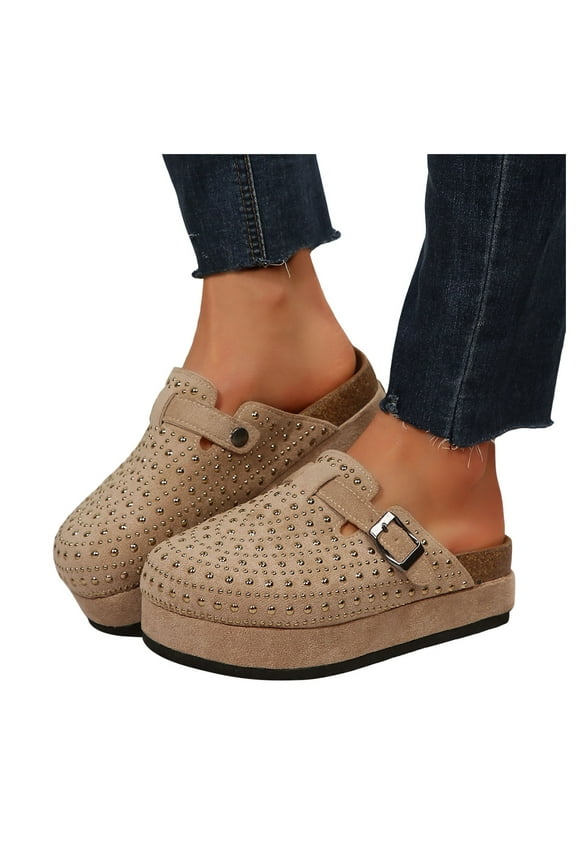 Women's Suede Clogs Rhinestone Cork Footbed Sandals Closed Toe Arch Support Platform Mules