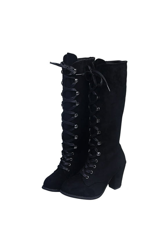 Women's Suede Knee High Boot Lace up Fall Winter Wide Calf Boots Combat Riding Dress Shoes