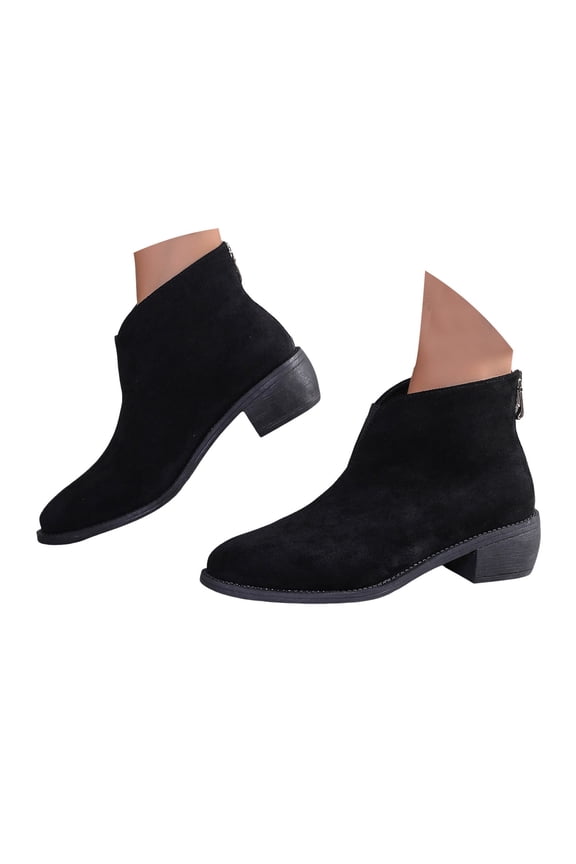 Women's Suede Leather Ankle Boots Stacked Heel Western Slip on Chelsea Booties(Black,7.5)