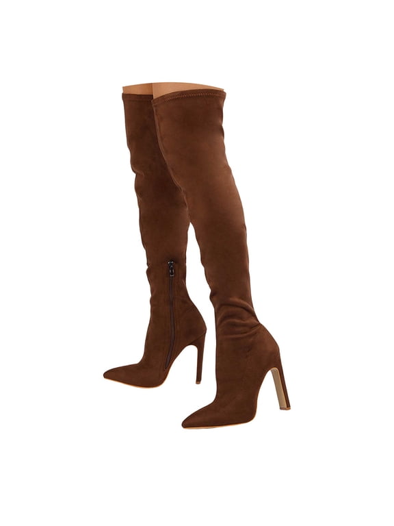 Women's Suede Thigh High Boots Wide Calf Over the Knee Boot Block High Heels Dressy Pumps Shoes