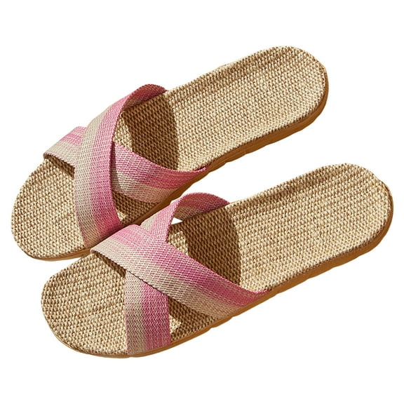 Mepaouo Women's Summer Slippers Flax Cross House Shoes Unisex Linen Skidproof Beach Slide Sandals