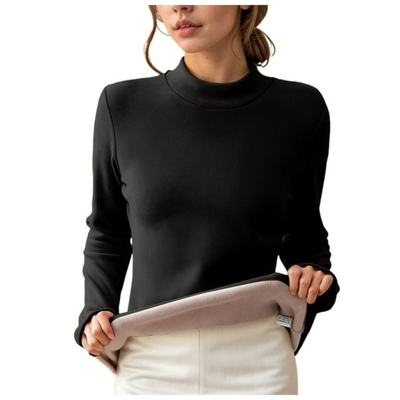 Mepaouo Women's Thermal Shirts Fleece Lined Turtleneck Long Sleeve Base Layer Tops Blouse(Black,XL)