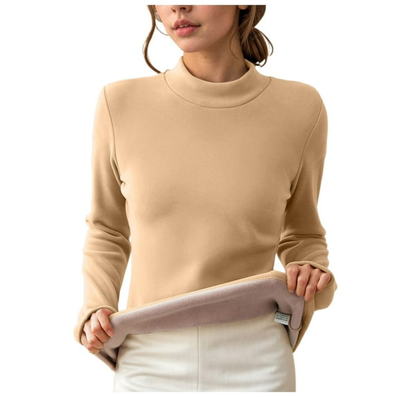 Mepaouo Women's Thermal Shirts Fleece Lined Turtleneck Long Sleeve Base Layer Tops Blouse(Khaki,XL)