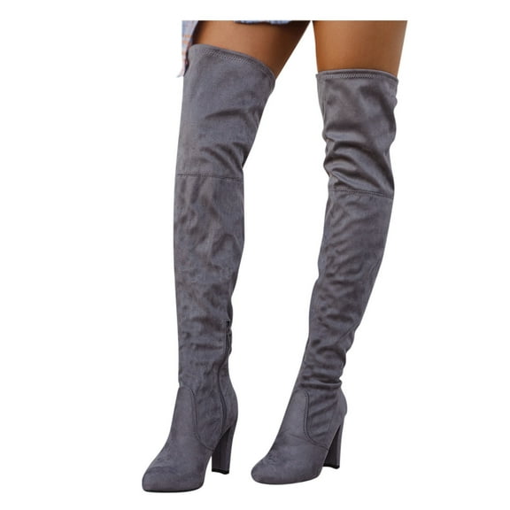 Mepaouo Women's Thigh High Over The Knee Boots Suede Chunky Heel Long Stretch Wide Calf Sexy Fall Boot