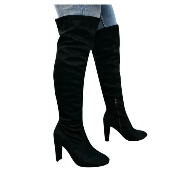 Mepaouo Women's Thigh High Over The Knee Boots Suede Chunky Heel Long Stretch Wide Calf Sexy Fall Boot