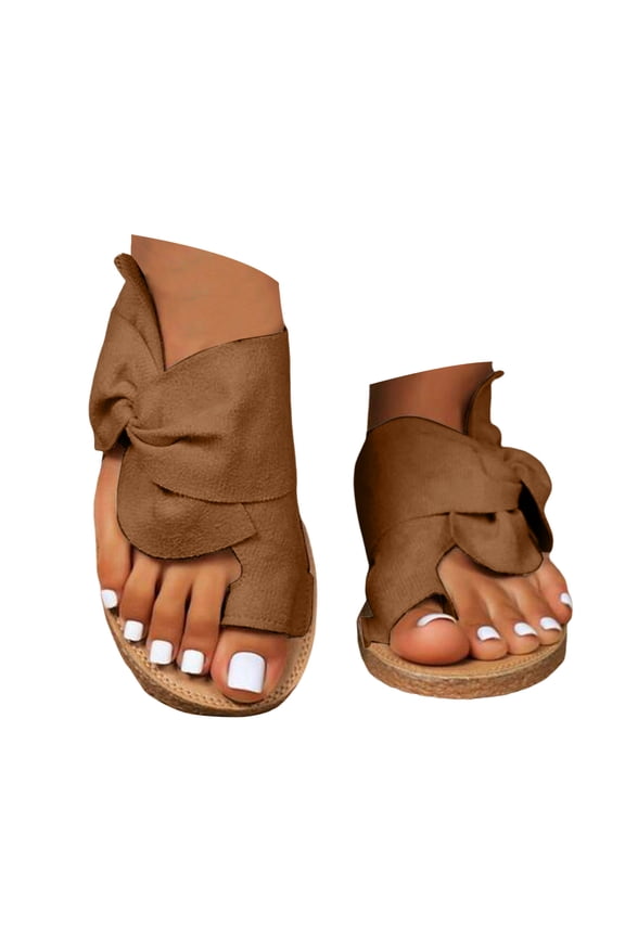 Women's Toe Loop Slide Sandals Comfortable Slip on Summer Flats Suede Cork Footbed Beach Shoes