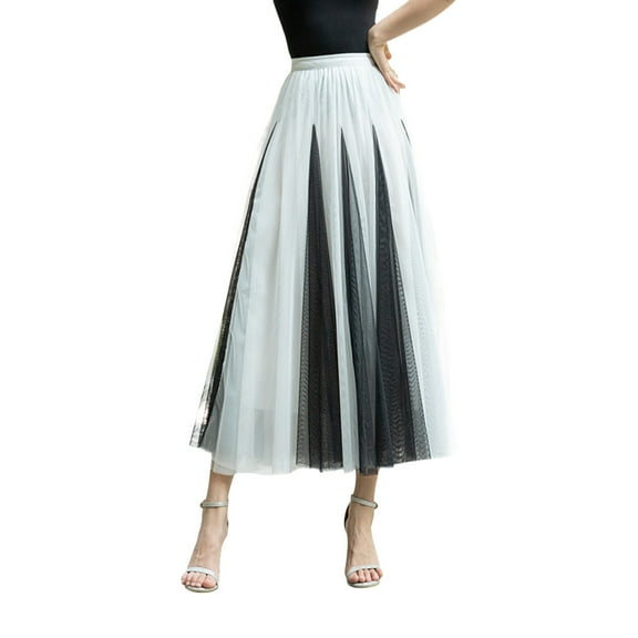 Mepaouo Women's Tulle Skirts Midi Elastic High Waist Pleated Mesh Flowy A-Line Party Long Tutu Dress
