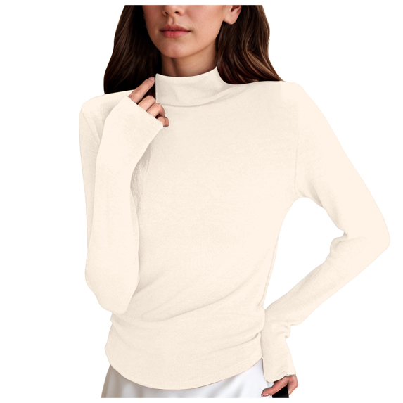 Mepaouo Women's Turtleneck Long Sleeve Shirts Ribbed Stretch Thermal Baselayer Pullover Tops(Beige,M)