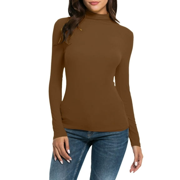 Mepaouo Women's Turtleneck Shirt Long Sleeve Fitted Thermal Shirts Cold Weather Base Layer Tops(Brown,L)